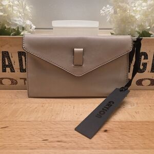 Gryson Genuine Leather Belted Strap Classic Envelope Wallet Silence Ecru Tan NWT